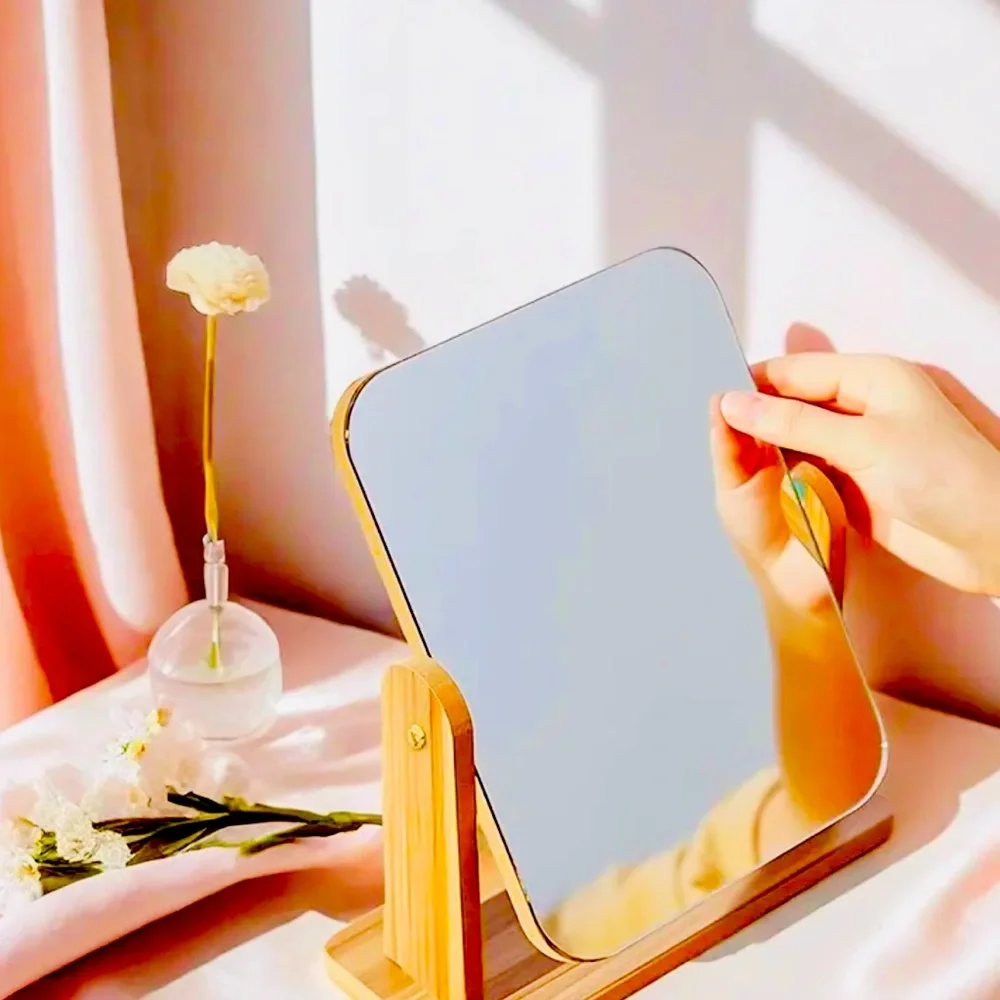 New - Rotatable HD Glass Makeup Mirror with Wooden Stand